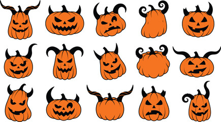 Fototapeta premium Set of fifteen hand drawn scary pumpkin faces with horns for a spooky halloween celebration design project