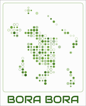 Bora Bora digital style map. Large circle dots on white background. Dotted shape of the island. Vector map and title. Amazing vector illustration.
