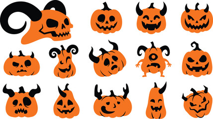 Fototapeta premium Collection of hand drawn spooky pumpkin characters with horns for a fun and creative halloween celebration design