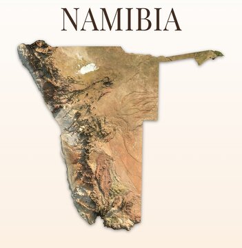 Namibia Shaded Relief Map. Hillshaded physical terrain map illustration. Light background with title. Illustration elements derived from NASA Imagery and NASADEM Global Elevation Model.