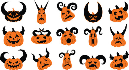 Fototapeta premium A collection of scary hand drawn pumpkin faces with horns for a spooky halloween holiday design project
