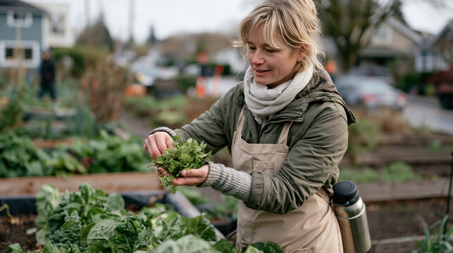 Urban gardening teacher tasting a freshly picked herb to check flavor quality during a polar plunge tradition fundraiser event on rain soaked streets, a stainless thermos of hot