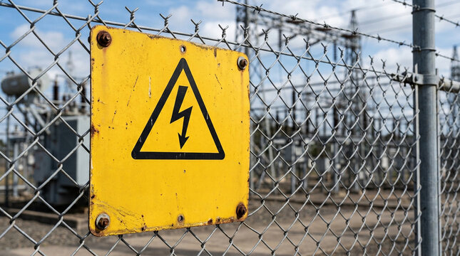 High Voltage Warning Sign on Substation Chain Link Fence