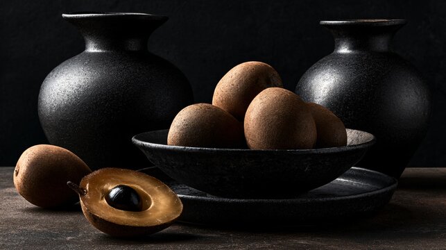 A dark editorial composition showcasing sapodilla fruit on matte black ceramics illuminated by dramatic directional lighting