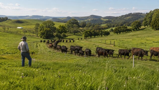 farmer watches over a herd of cattle walking along a grassy path in a scenic rural landscape with rolling hills and clear skies.