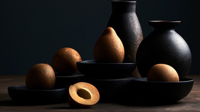 A dark editorial composition showcasing sapodilla fruit on matte black ceramics illuminated by dramatic directional lighting