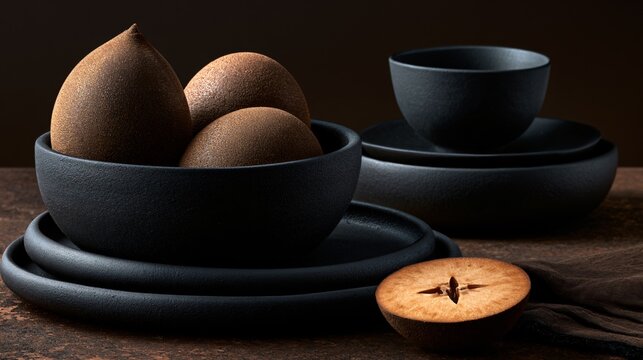 A dark editorial composition showcasing sapodilla fruit on matte black ceramics illuminated by dramatic directional lighting