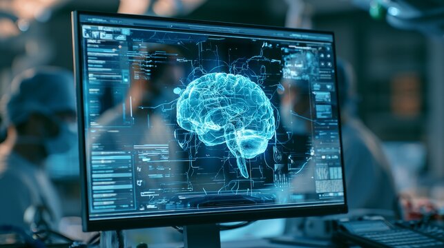 Brain Scan on Medical Monitor with Advanced Neurology Imaging and Artificial Intelligence Analysis System