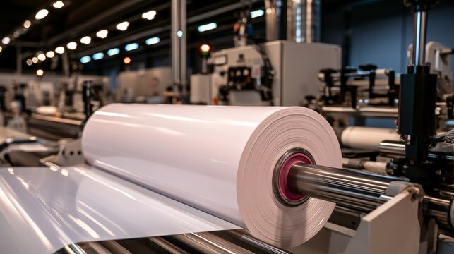 Modern Paper Manufacturing Production Line with Large White Rolls and Automated Industrial Processing Machinery