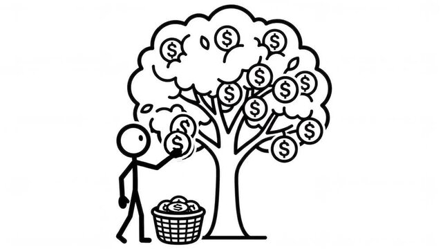 Animated Black and White Stick Figure Harvesting Money Tree Profit Concept