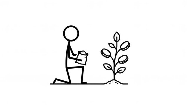 Animated Black and White Stick Figure Fertilizing Money Tree Growth Concept
