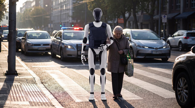 Robot Assisting Elderly Woman on City Street: A futuristic robot companion escorts an elderly woman across a busy city street, with police cars and traffic in the background.