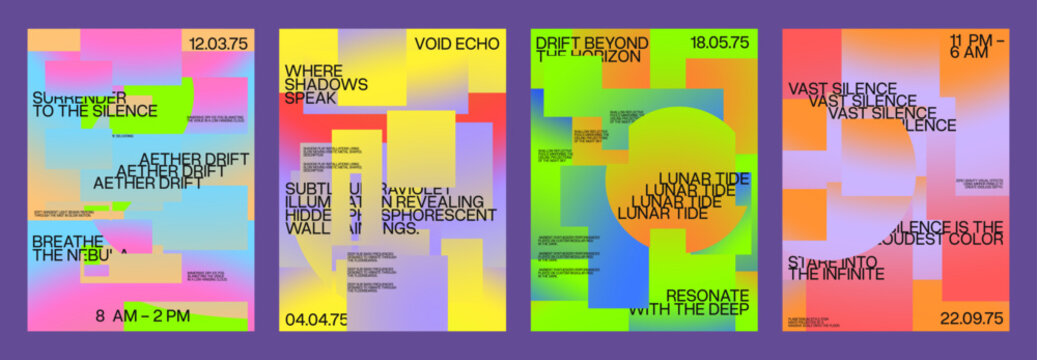 Abstract pastel gradient poster set design, Modern brutalist typography layout graphic background, Colorful swiss style soft color block, Creative artistic print flyer template concept