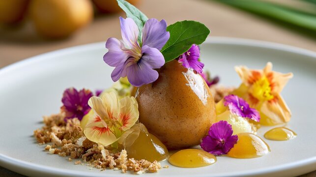 A gourmet culinary composition featuring sapodilla fruit plated with edible flowers and luxury hospitality styling