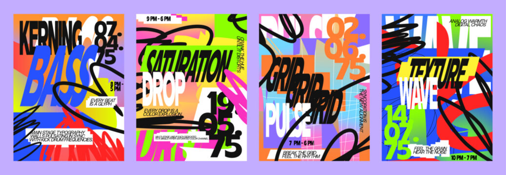 Acid graffiti style poster set design, Distorted bold typography neon y2k graphic, Chaotic street art grunge visual layout bundle, Energetic urban spray paint rebel background Collection