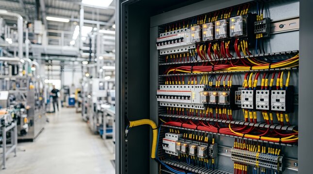 Professional industrial electrical control panel with complex organized wiring and circuit breakers in a modern automated factory environment.