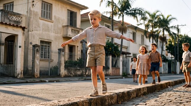 Boy Balancing on Curb with Friends in Vintage Street