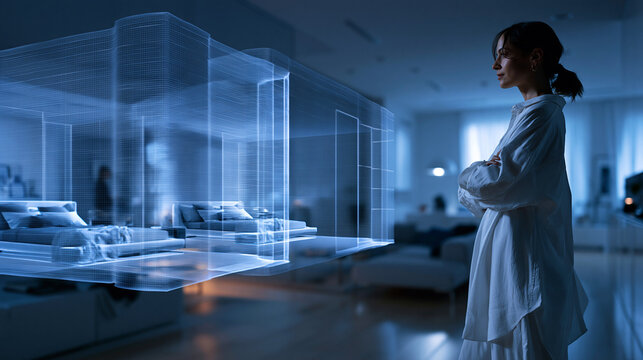 Architect Examining Holographic 3D Interior Design Model