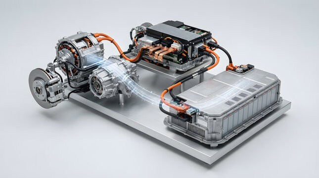 Electric car powertrain with lithium ion battery pack, electric motor and electronic control components in detailed automotive 3D illustration