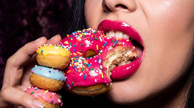 Woman with Pink Lipstick Biting Glazed Sweet Doughnut