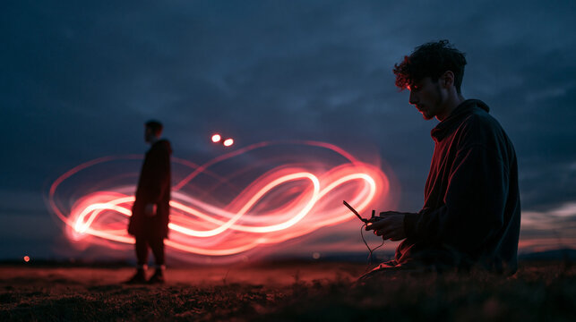 Young Man Controlling Drone Creating Light Trails at Dusk