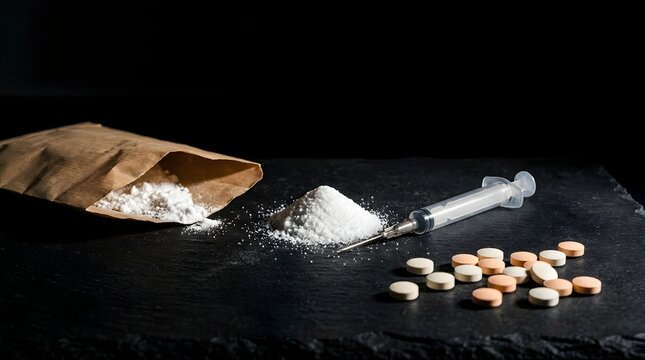 Narcotic substances featuring white powder, medical syringe, and assorted pills on dark textured background representing addiction and substance abuse.