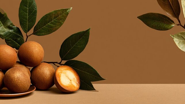A luxury food magazine-inspired composition featuring asymmetrical placement of sapodilla fruit and refined negative space