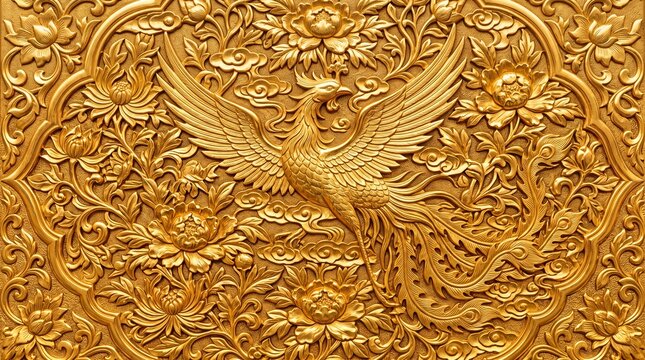 Golden Chinese Phoenix Relief Carving with Floral Ornament