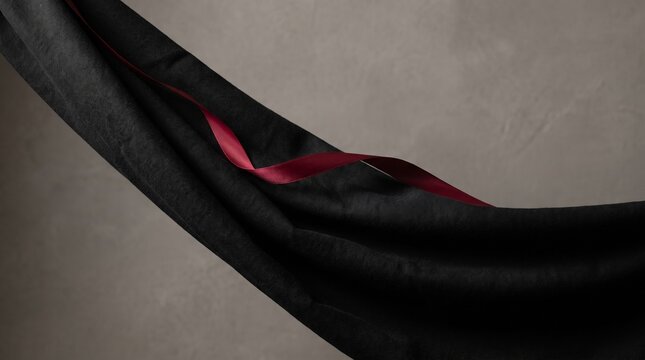 Elegant Black Velvet Fabric Drape with a Thin Red Ribbon Accent against a Grey Textured Background