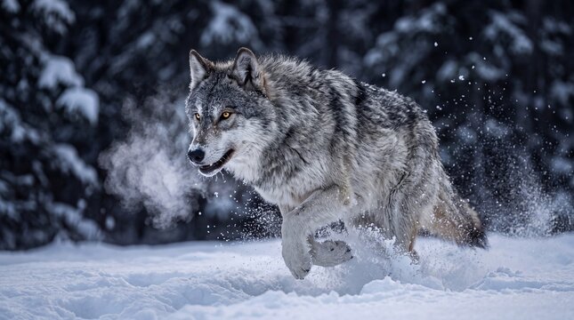 Gray Wolf Running Through Deep Winter Snow