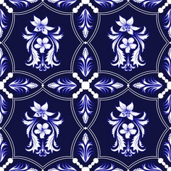 Seamless Royal Damask Floral Pattern with White and Cobalt Blue Flowers on Dark Navy Blue Background, Luxury Porcelain Ceramic Motif Vector Illustration seamless floral pattern  © pa ia YANG