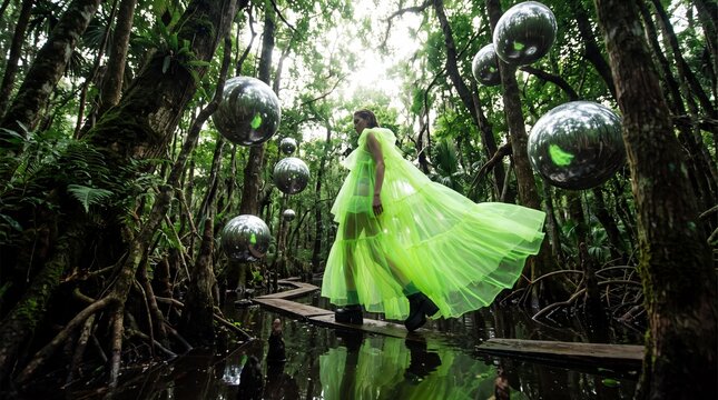 Fashion Model in Neon Dress in Surreal Mangrove Swamp