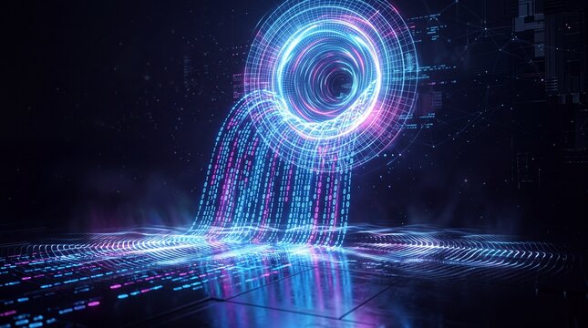 Digital Binary Code Streaming Through Futuristic Portal
