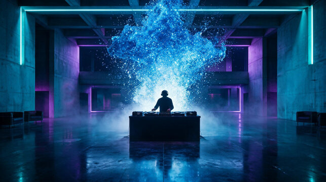 DJ Performing Electronic Music with Glowing Neon Particle Visuals