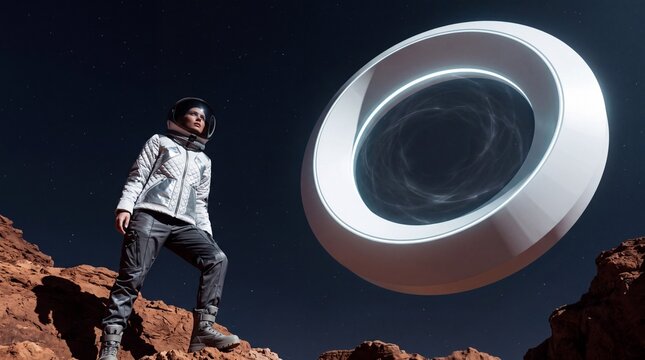 Astronaut Standing Near Futuristic Portal on Alien Planet