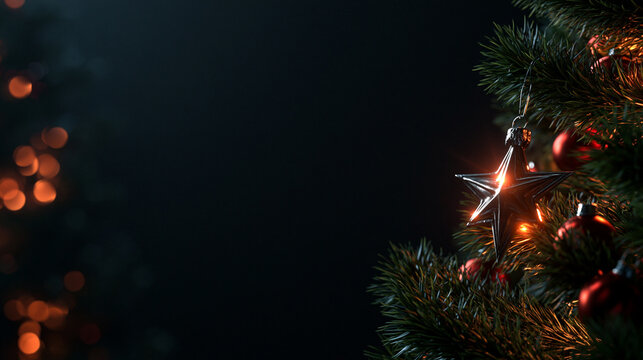 Decorated Christmas Tree with Glowing Star and Copy Space