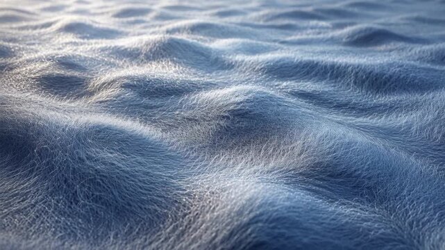 Video of icy blue fibers cover flowing wave formations in a surreal soft abstract landscape
