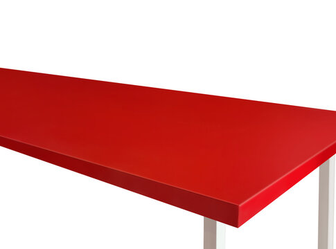 A separate red wooden table with white legs sits on a white floor PNG transparent.