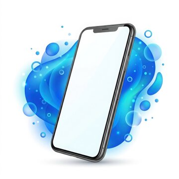 Smartphone with blank screen and blue liquid abstract splash background for mobile app design