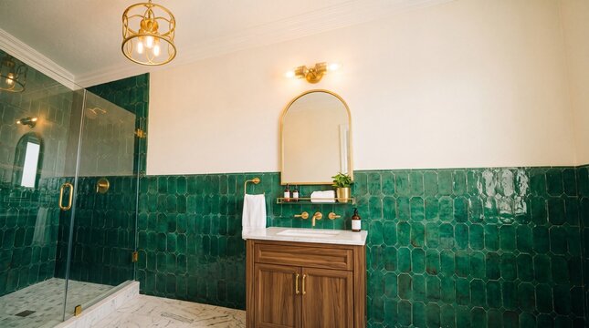 Modern Luxury Bathroom Interior with Green Tiles and Gold Fixtures