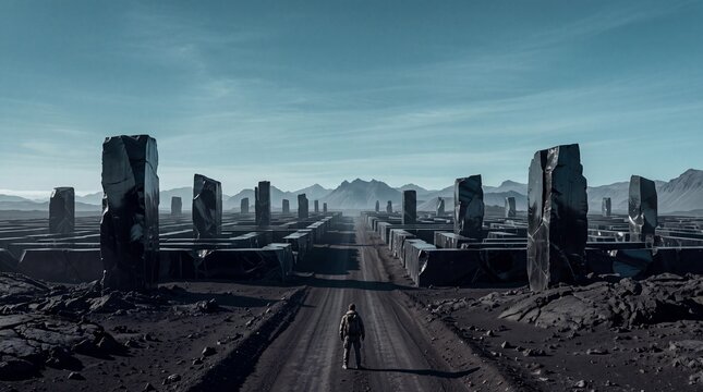 Futuristic Traveler Walking Through Alien Monolith Ruins