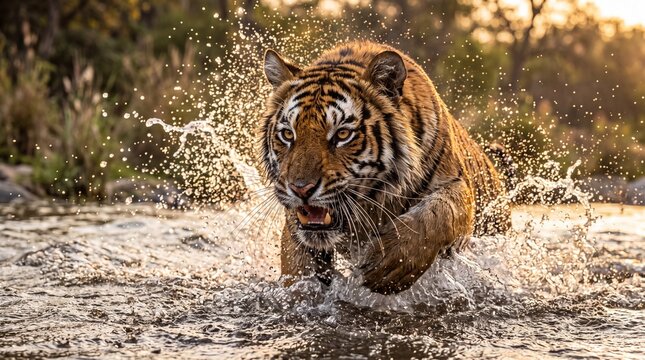 Tiger Running and Splashing Through River Water