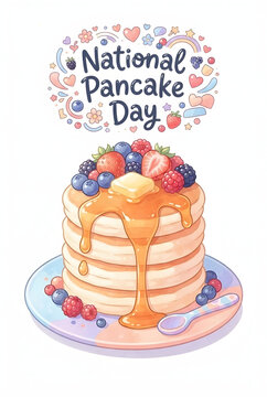 National pancake day watercolor poster with towering stack of berry pancakes