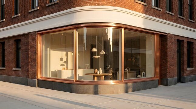 Modern minimalist corner shop with large copper-framed windows in a classic red brick building during golden hour sunlight.