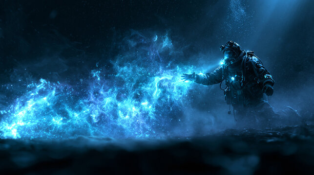 Deep Sea Diver Reaching Glowing Blue Energy