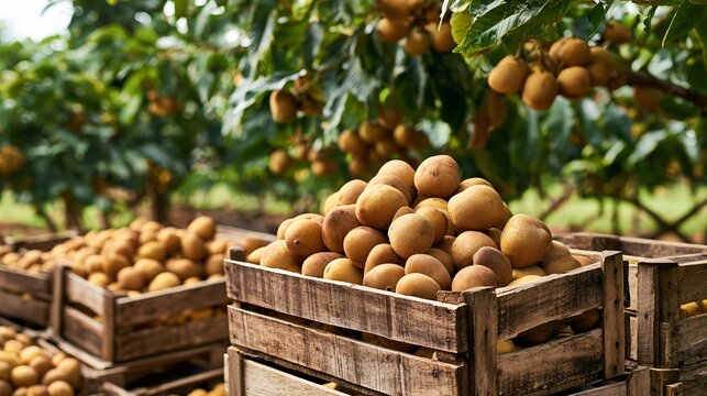A premium agricultural composition featuring sapodilla fruit displayed in rustic wooden crates against a tropical orchard backdrop