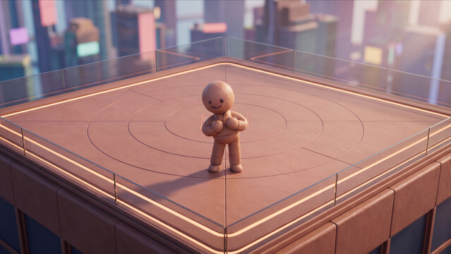 高層ビルの屋上離着陸場で前傾姿勢をとるかわいいクレイキャラクターの3DCG