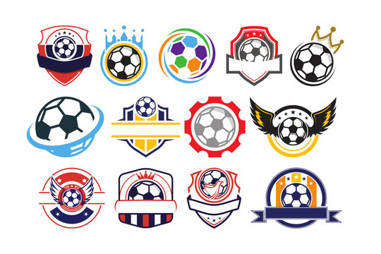 Collection of dynamic football logo templates featuring soccer balls, shields, crowns, wings, banners, stars, and colorful sporty emblems for club branding.