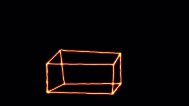 Neon glowing rectangular wireframe box animation on black background.