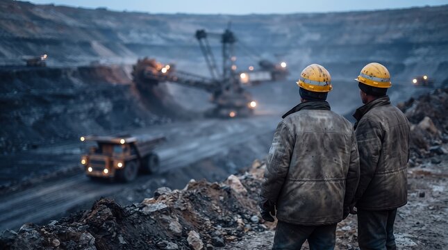 Coal miners watching massive excavator in open pit mine